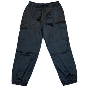 Allegra K Womens Satin Cargo Joggers Pants Large Black Drawstring Going Out